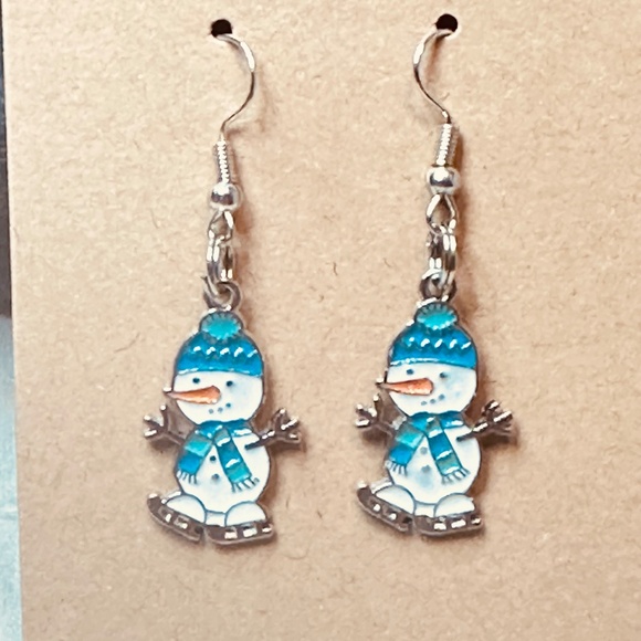 Stainless Steel Earring Hooks Snowmen Ice-Skating with Blue Accents Handmade - Picture 1 of 4